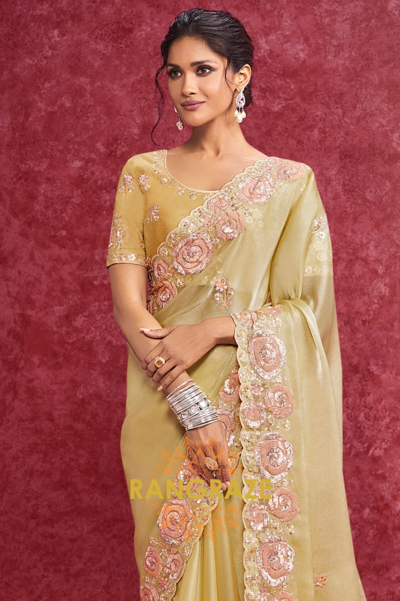 Organza Tissue Saree in a regal mustard-gold