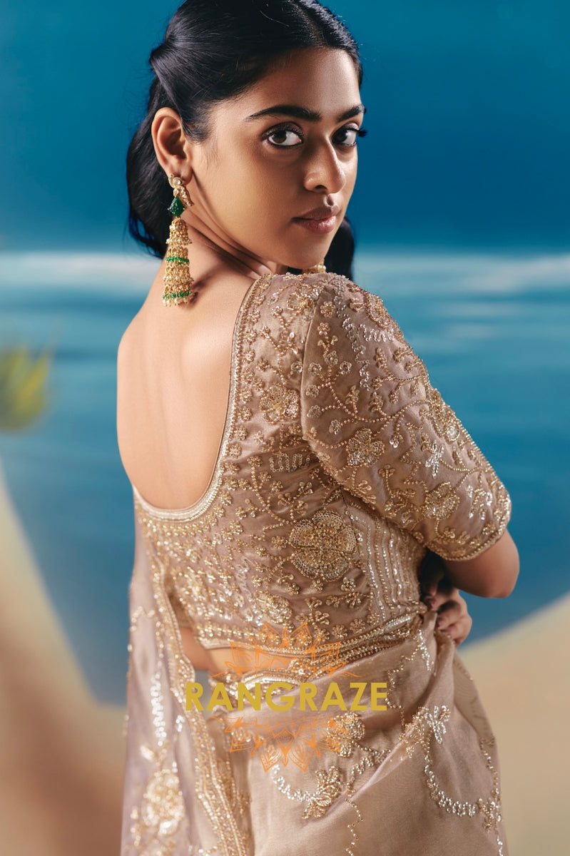 Champagne Glow Satin Organza Saree with Beaded Embroidery & Sequin Highlights