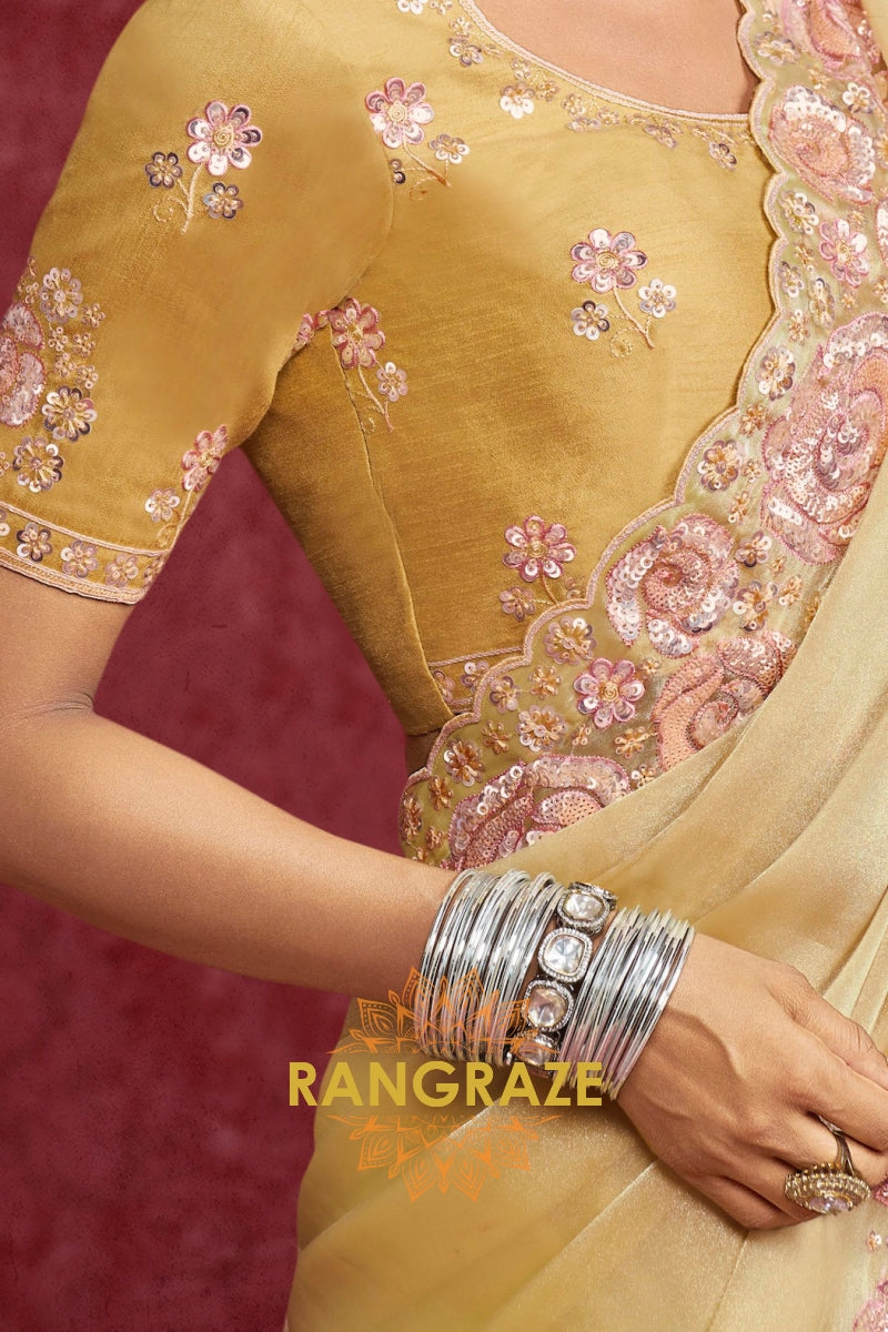 Organza Tissue Saree in a regal mustard-gold