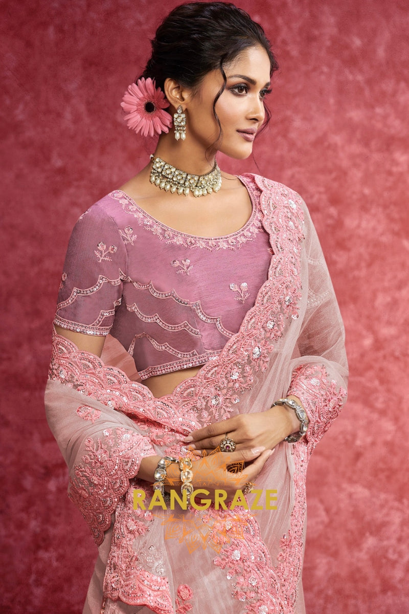 Pure Organza Embroidered Saree in Blush Pink
