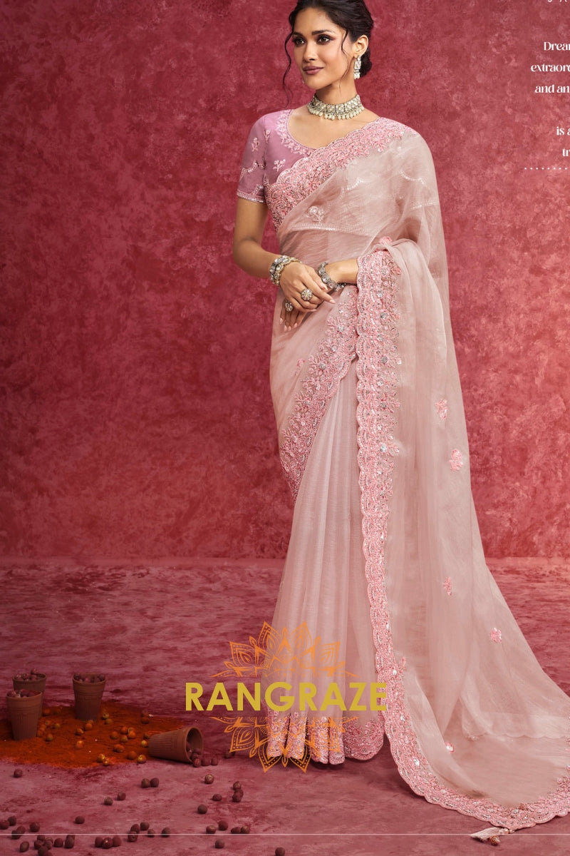 Pure Organza Embroidered Saree in Blush Pink
