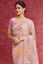 Pure Organza Embroidered Saree in Blush Pink