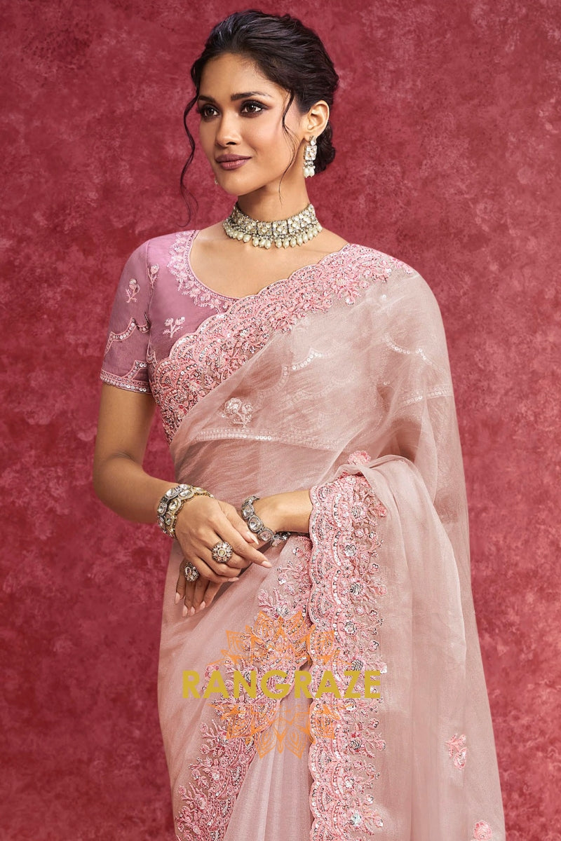Pure Organza Embroidered Saree in Blush Pink