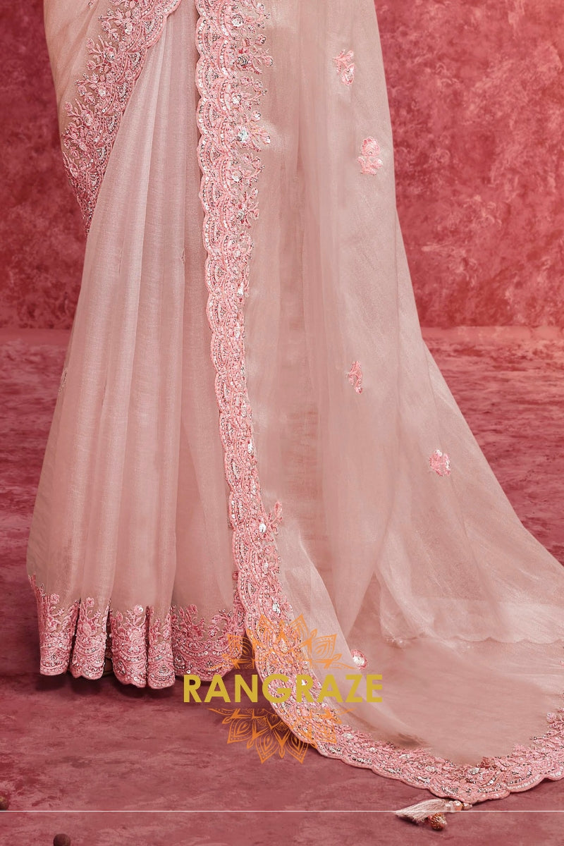 Pure Organza Embroidered Saree in Blush Pink
