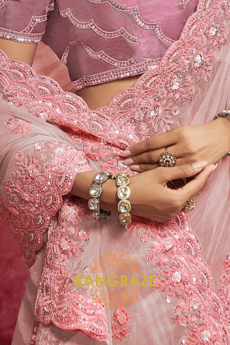 Pure Organza Embroidered Saree in Blush Pink