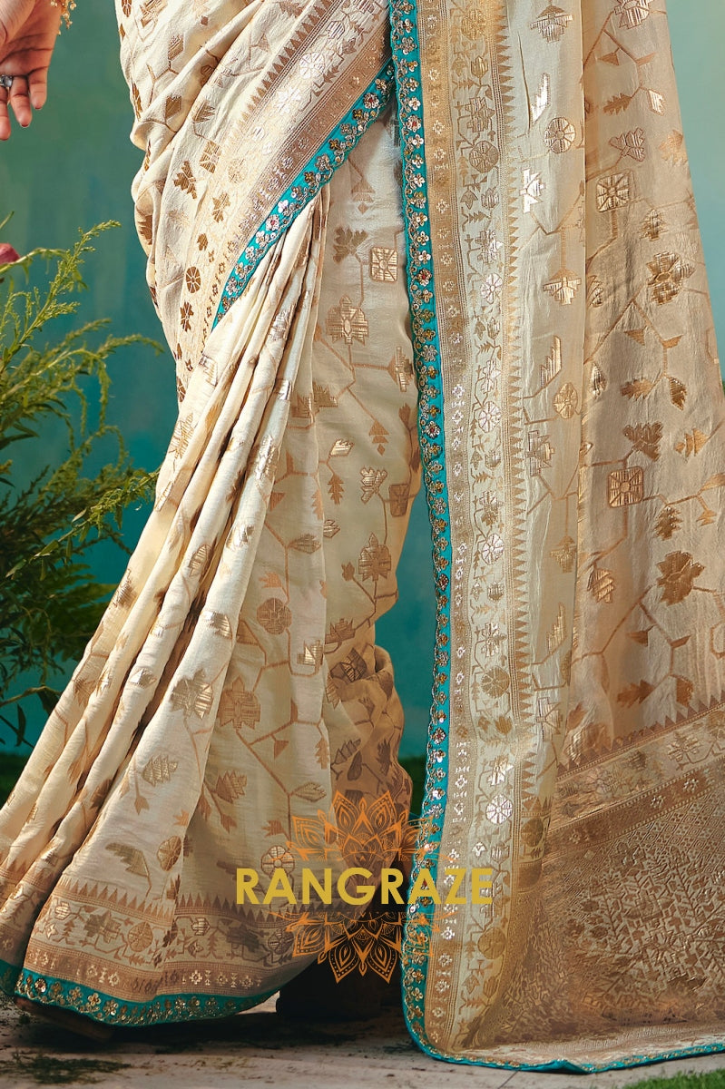 Ivory Sky Blue Silk Saree with Zari Weaving and Contrast Embroidered Blouse