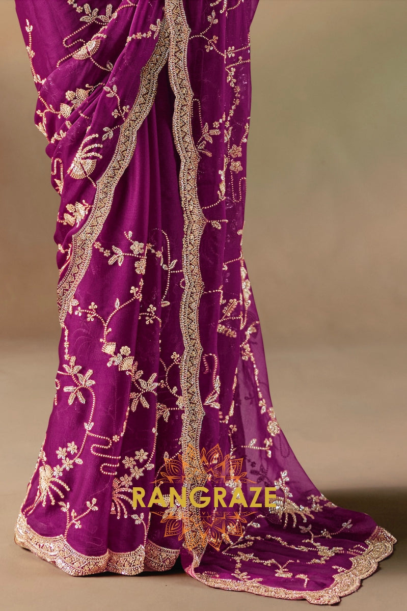Regal Plum Satin Organza Saree with Designer Embroidery & Sequin Stone Work