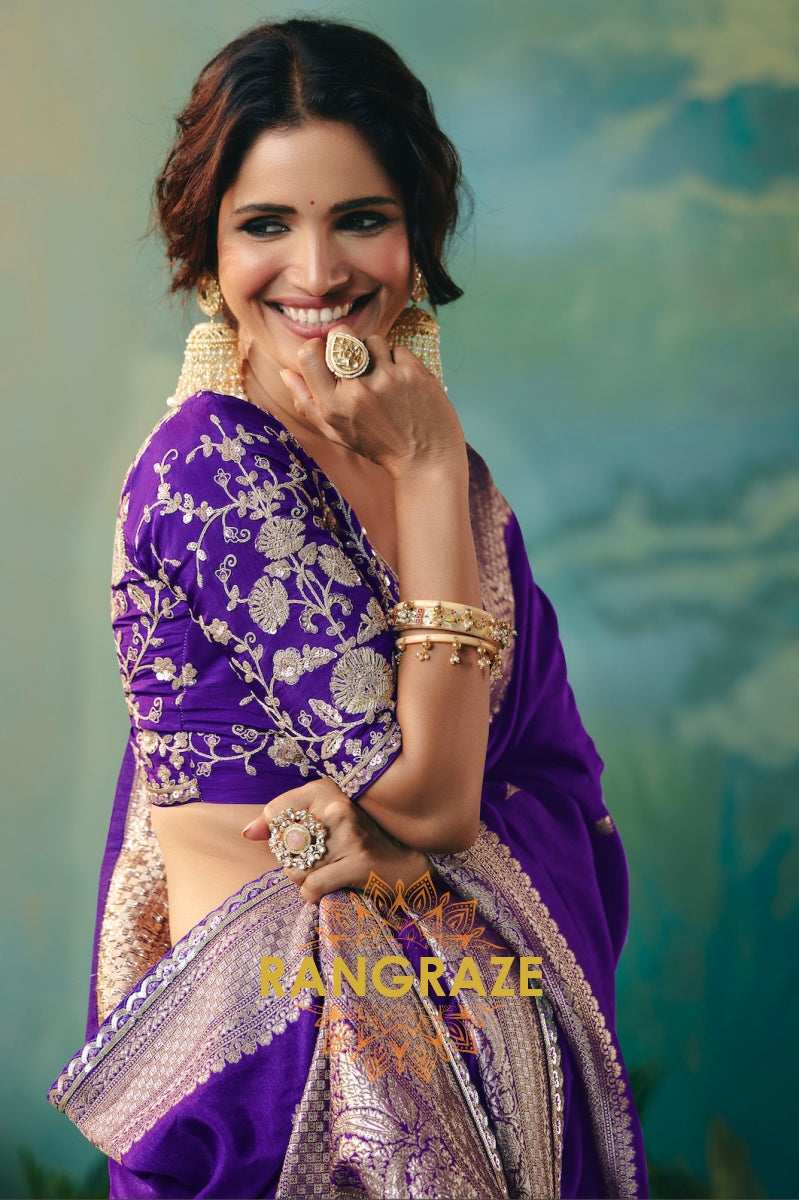Royal Amethyst Silk Saree with Zari Weaving & Sequin Embroidery Border
