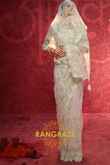 Net Embroidered Saree in Ivory Beige