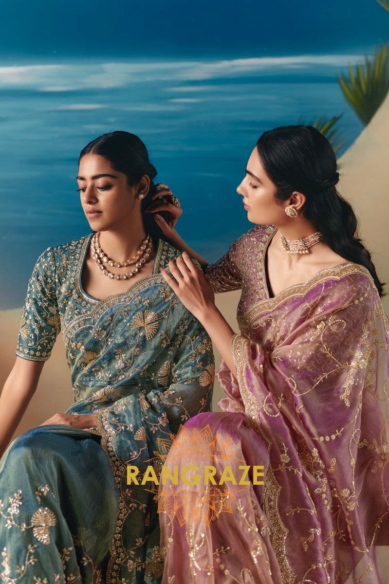 Seafoam Shimmer Satin Organza Saree with Golden Sequin Embroidery