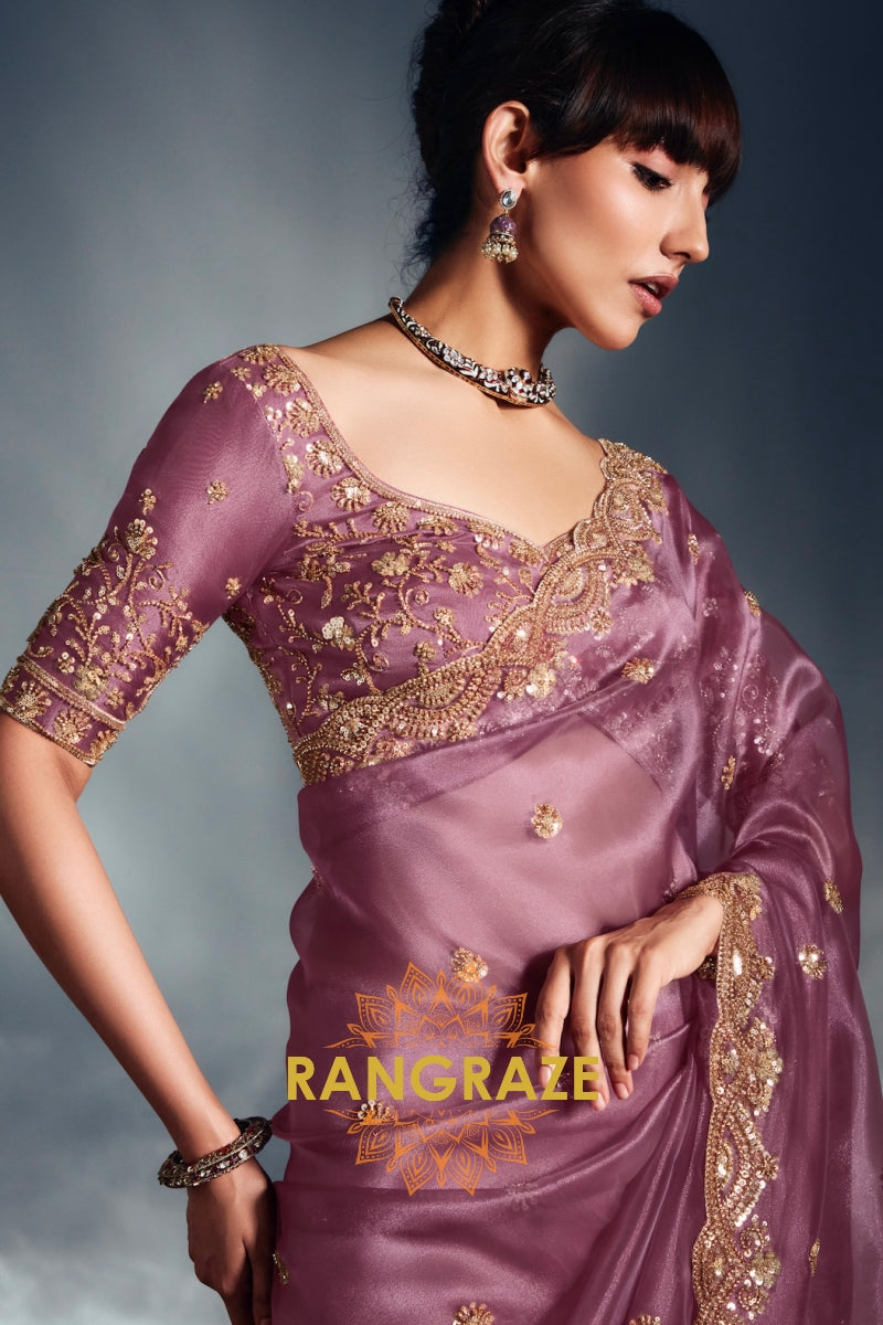 Pure Tissue Organza Embroidered Saree in Dusty Mauve
