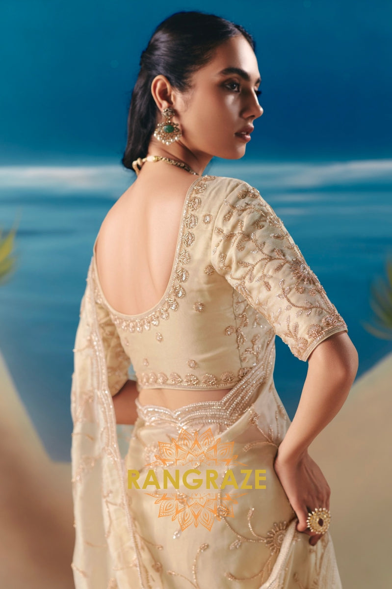 Ivory Gleam Satin Organza Saree with Champagne Sequin Embroidery