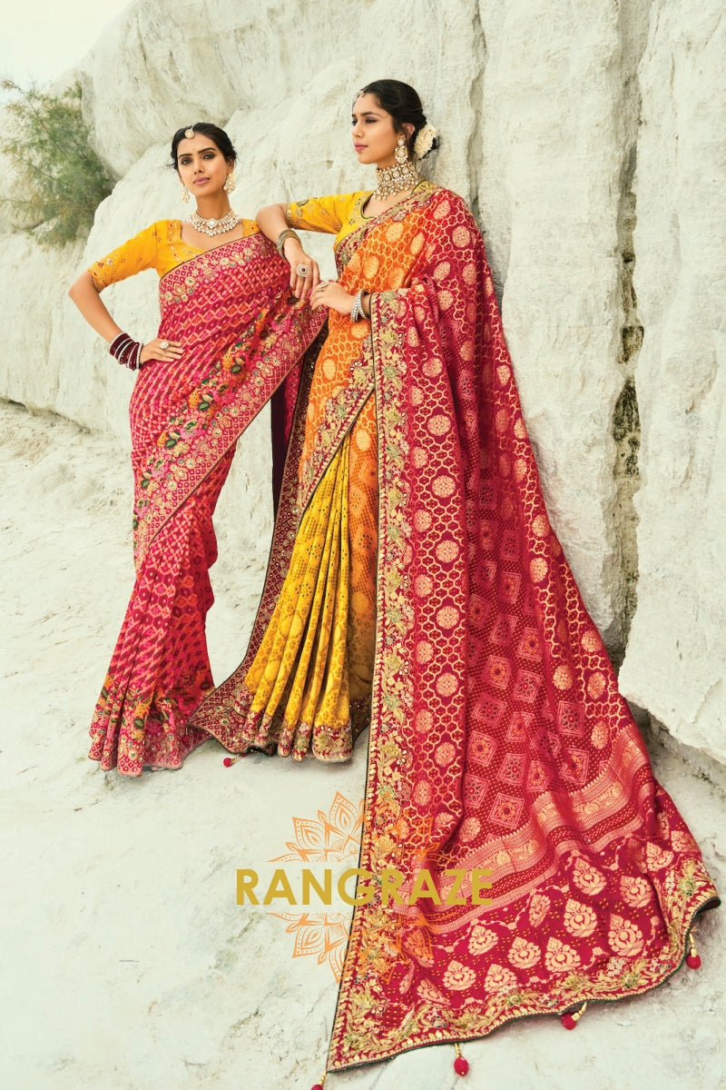 Royal Bandhej Pure Georgette Saree in Red & Orange