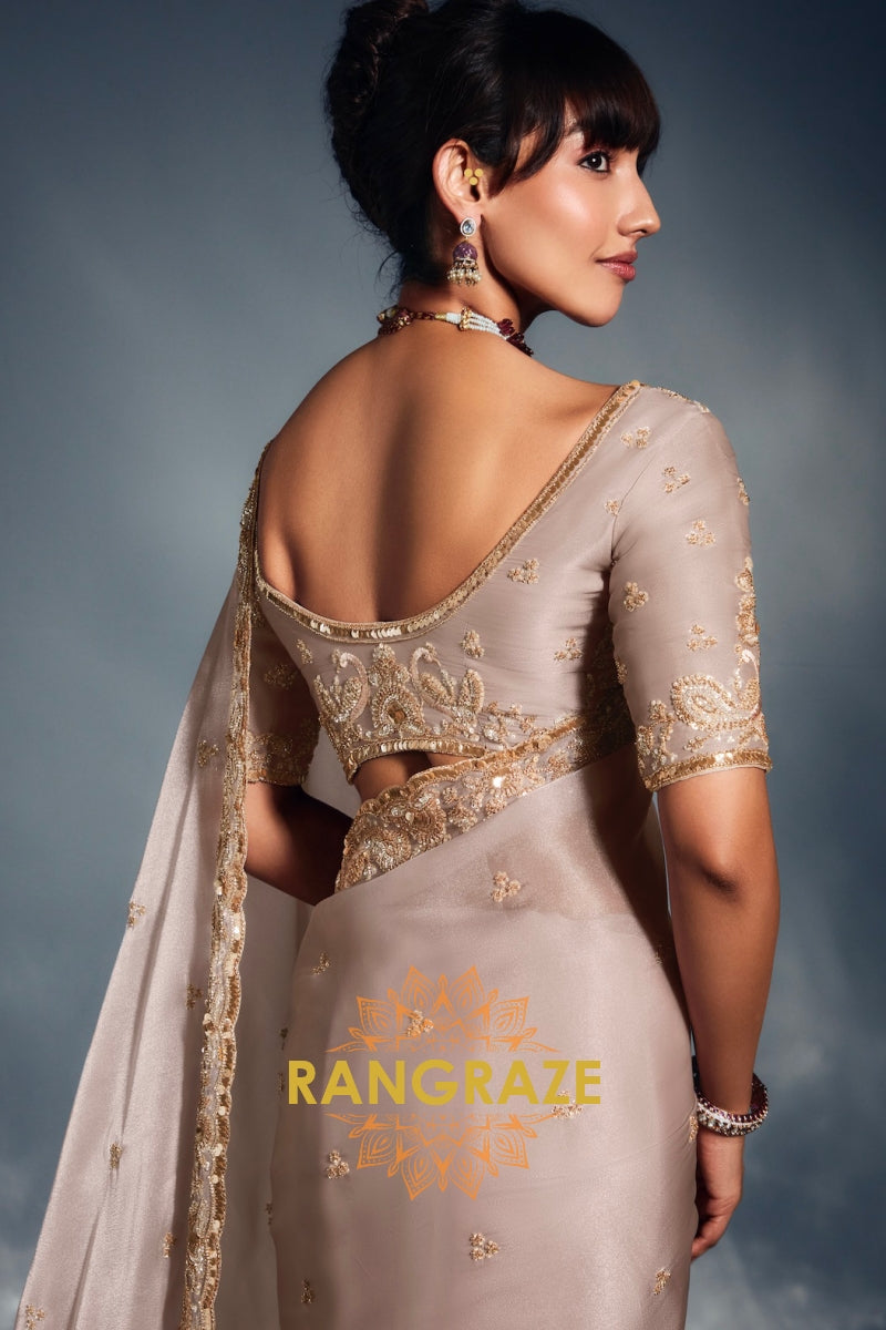 Pure Tissue Organza Embroidered Saree in Pearl Grey