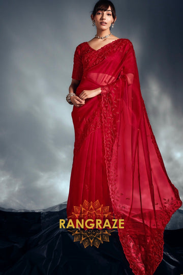 Scarlet Red Tissue Organza Embroidered Saree