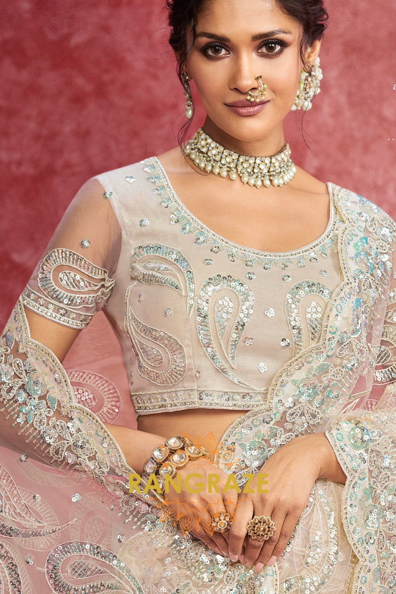 Net Embroidered Saree in Ivory Beige
