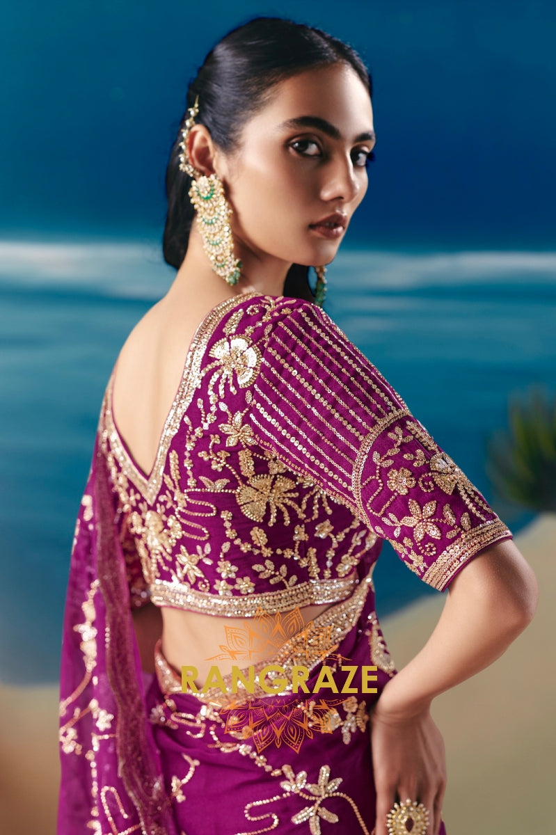 Regal Plum Satin Organza Saree with Designer Embroidery & Sequin Stone Work