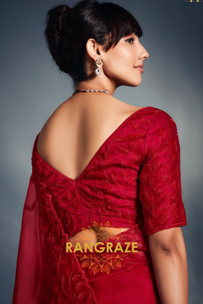 Scarlet Red Tissue Organza Embroidered Saree