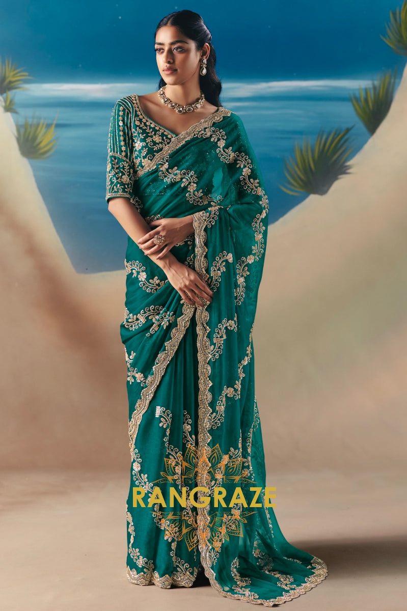 Emerald Radiance Satin Organza Saree with Golden Sequin Embroidery