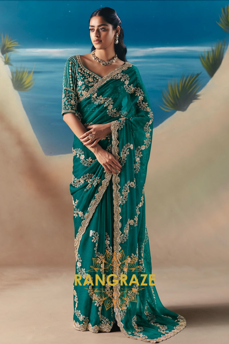 Emerald Radiance Satin Organza Saree with Golden Sequin Embroidery
