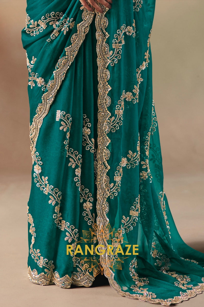Emerald Radiance Satin Organza Saree with Golden Sequin Embroidery