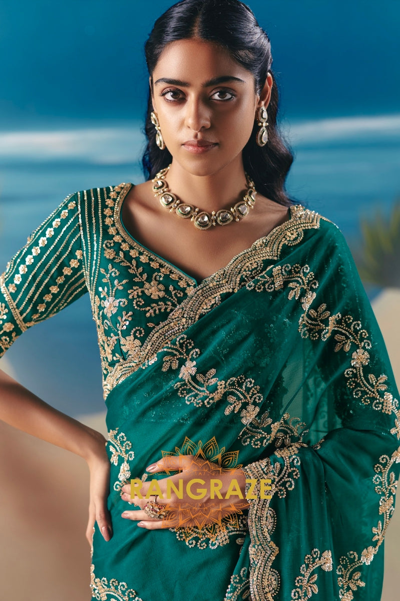 Emerald Radiance Satin Organza Saree with Golden Sequin Embroidery