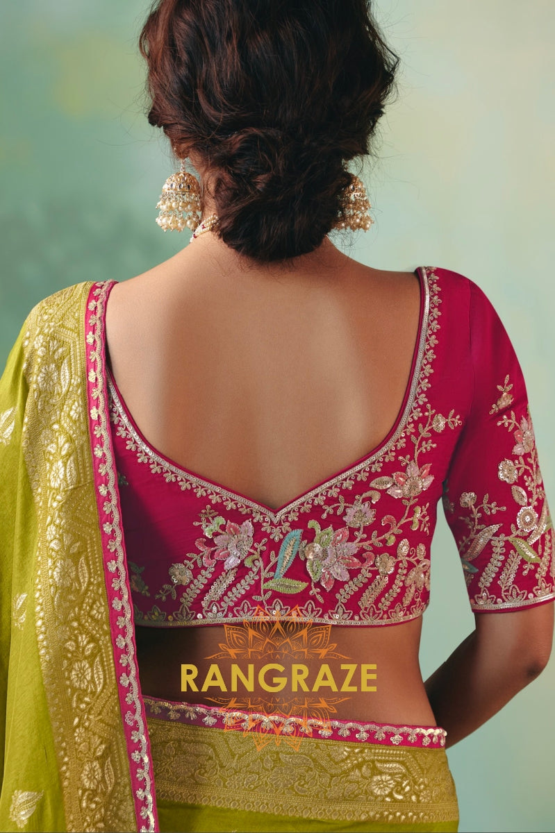 Olive Green Silk Saree with Zari Weaving and Magenta Embroidered Blouse
