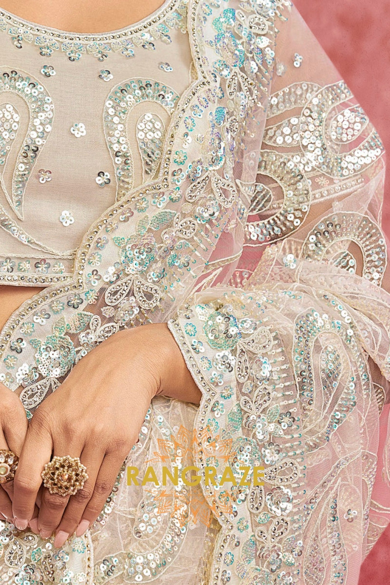 Net Embroidered Saree in Ivory Beige