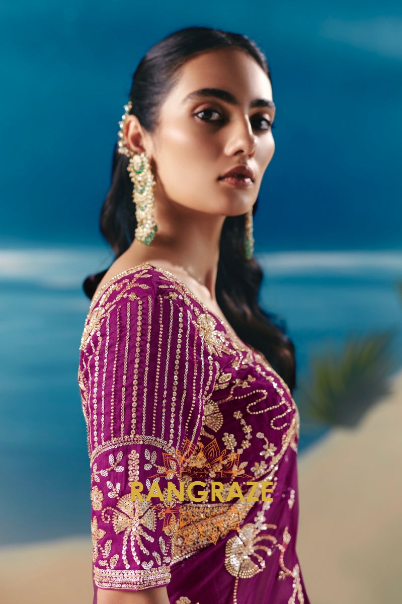Regal Plum Satin Organza Saree with Designer Embroidery & Sequin Stone Work