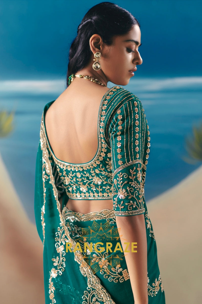 Emerald Radiance Satin Organza Saree with Golden Sequin Embroidery