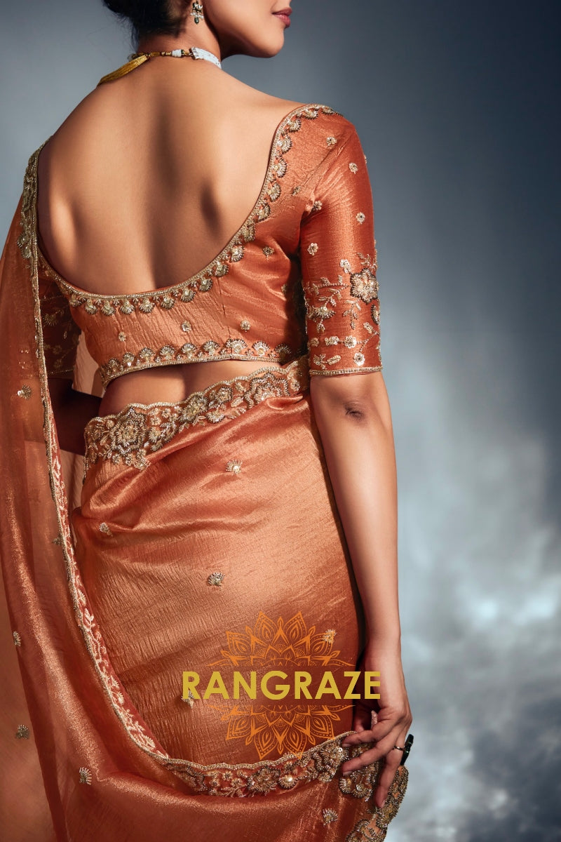 Pure Tissue Organza Saree in Copper with Heavy Handwork Border
