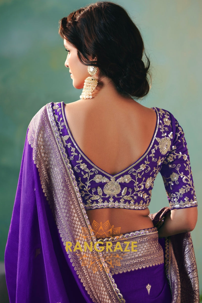 Royal Amethyst Silk Saree with Zari Weaving & Sequin Embroidery Border