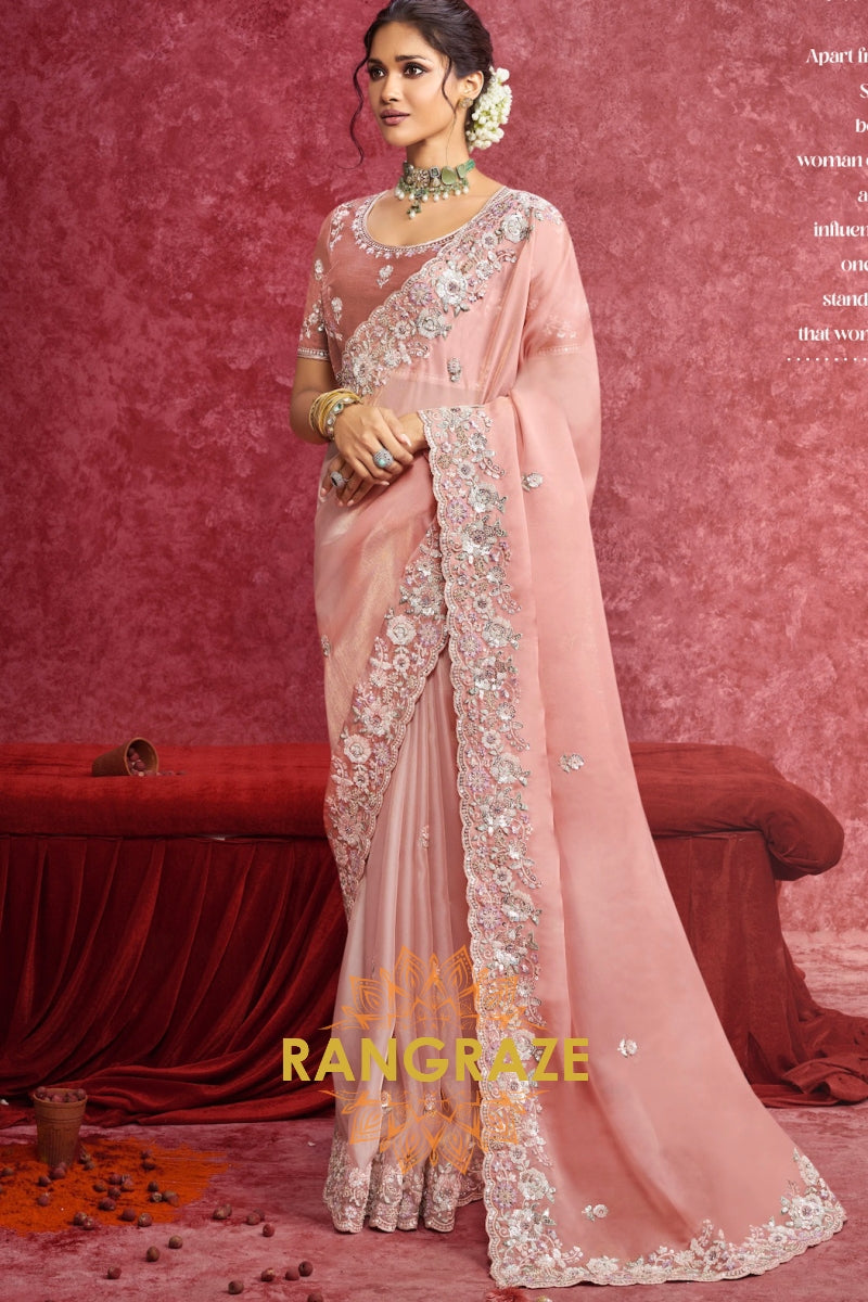 Blush Pink Organza Tissue Embroidered Saree with Velvet Blouse
