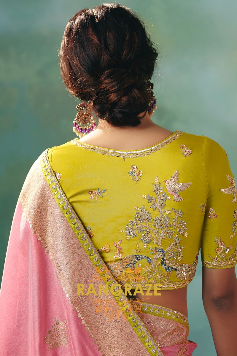 Baby Pink Silk Saree with Zari Weaving and Mustard Embroidered Blouse