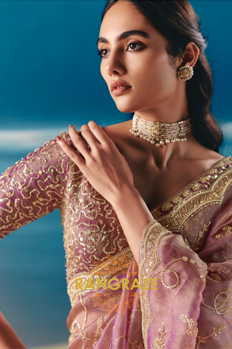 Orchid Bloom Satin Organza Saree with Sequin & Bead Hand Embroidery