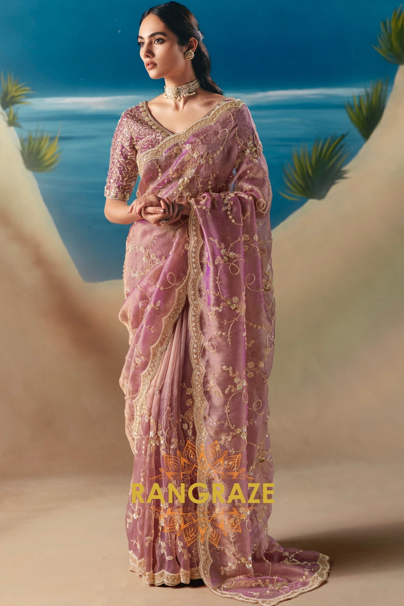 Orchid Bloom Satin Organza Saree with Sequin & Bead Hand Embroidery