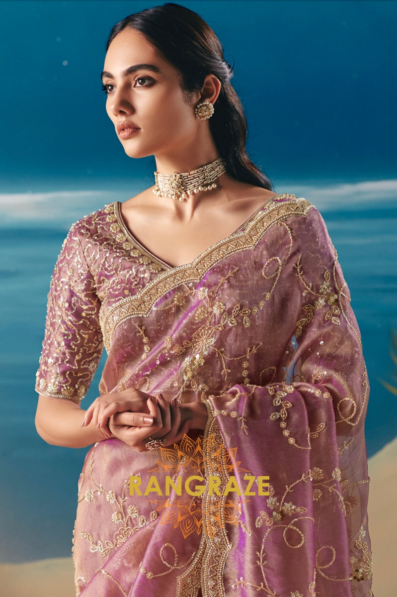 Orchid Bloom Satin Organza Saree with Sequin & Bead Hand Embroidery
