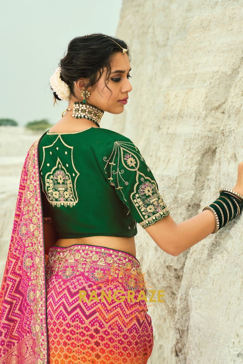 Pure Georgette Embroidered Bandhani Saree in Orange and Pink