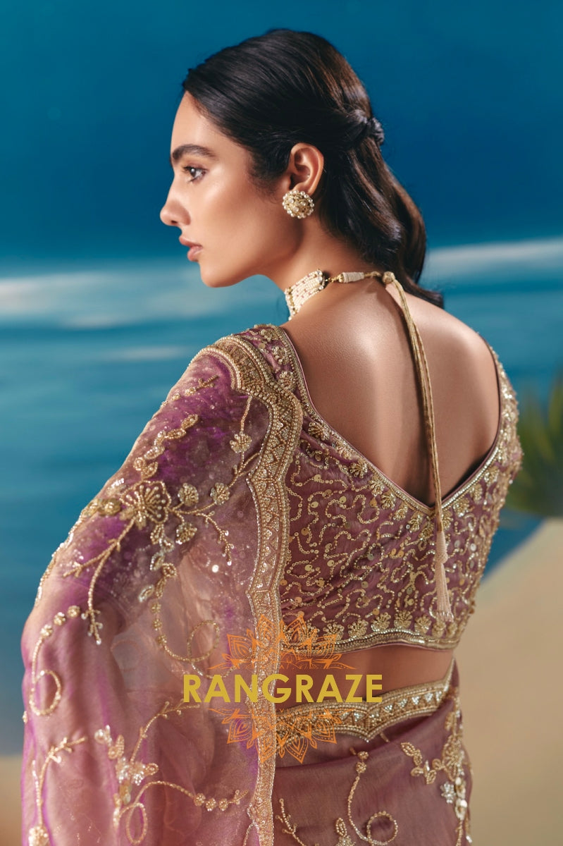 Orchid Bloom Satin Organza Saree with Sequin & Bead Hand Embroidery