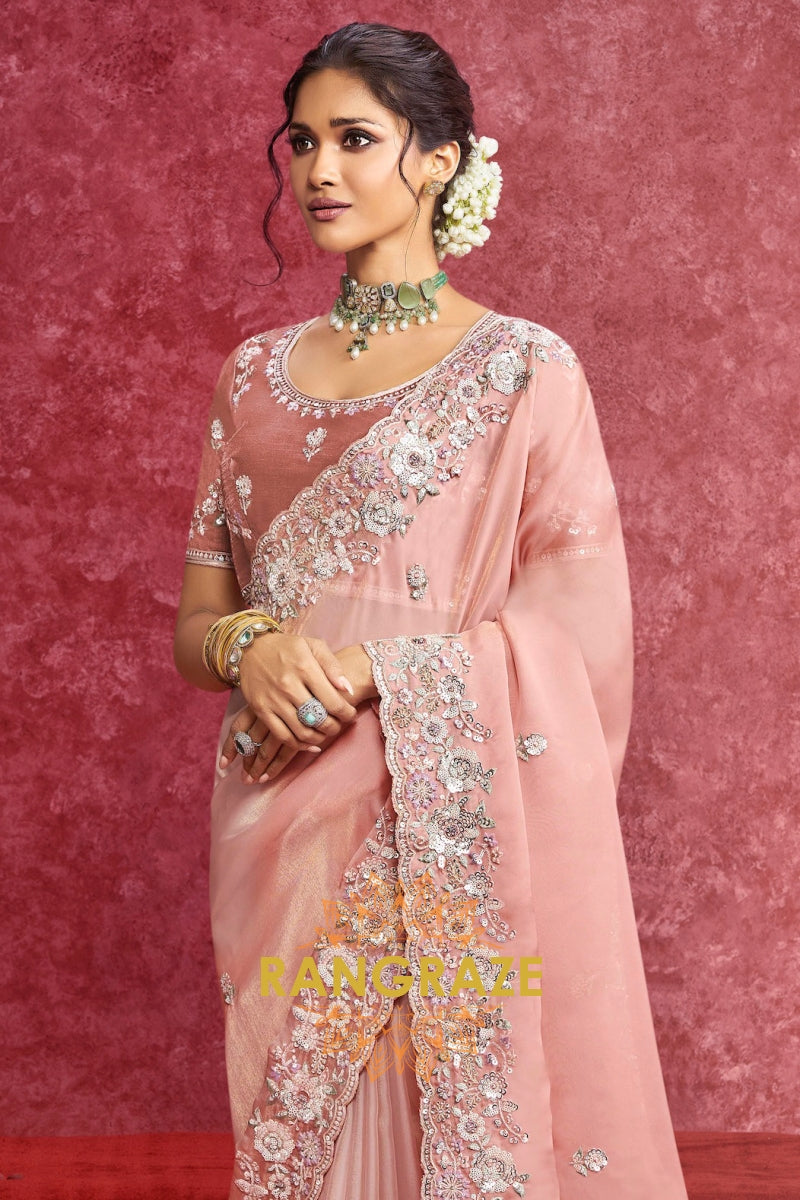 Blush Pink Organza Tissue Embroidered Saree with Velvet Blouse