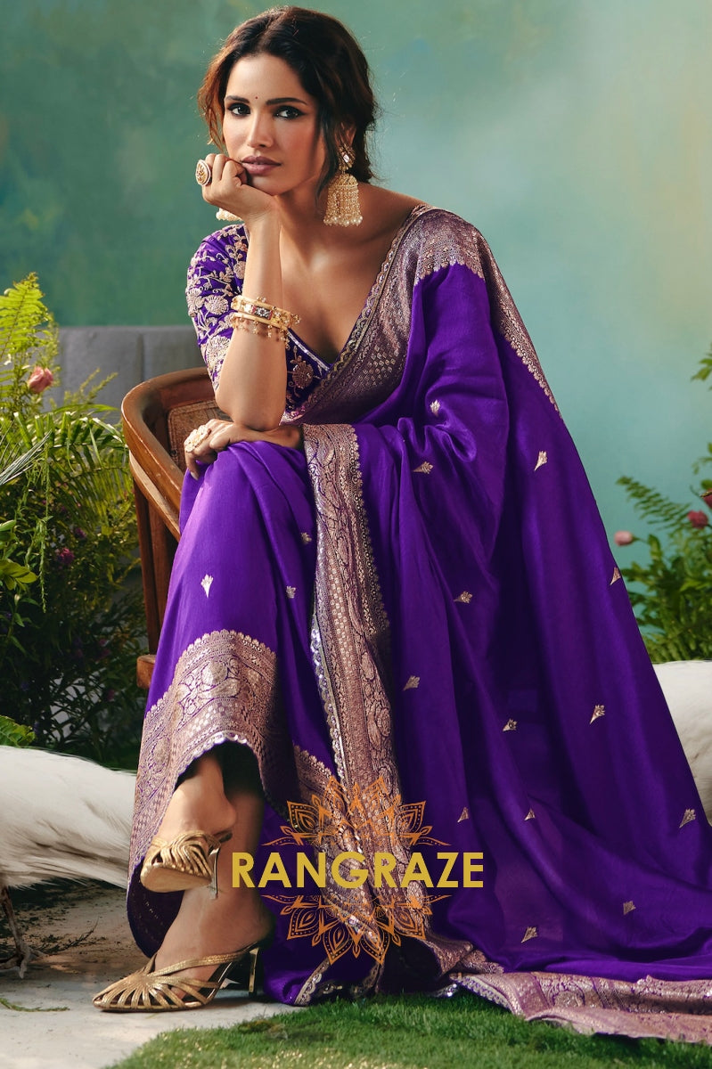 Royal Amethyst Silk Saree with Zari Weaving & Sequin Embroidery Border