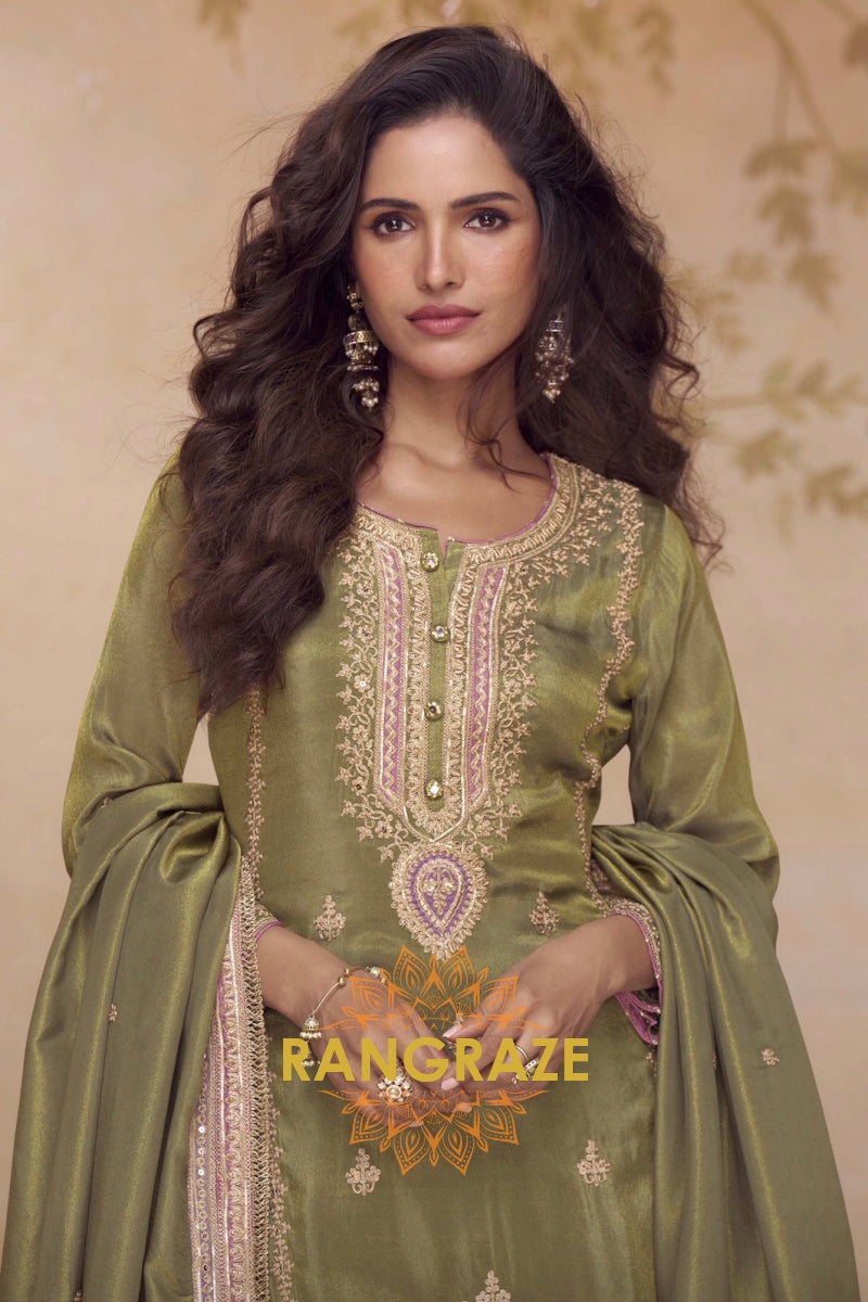 Olive Reverie Silk Embroidered Suit Set – A Statement of Subtle Sophistication