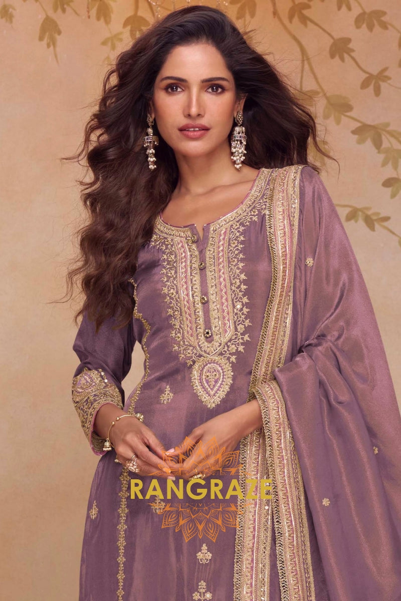 Mulberry Glow Silk Embroidered Suit Set – A Symphony of Regal Grace