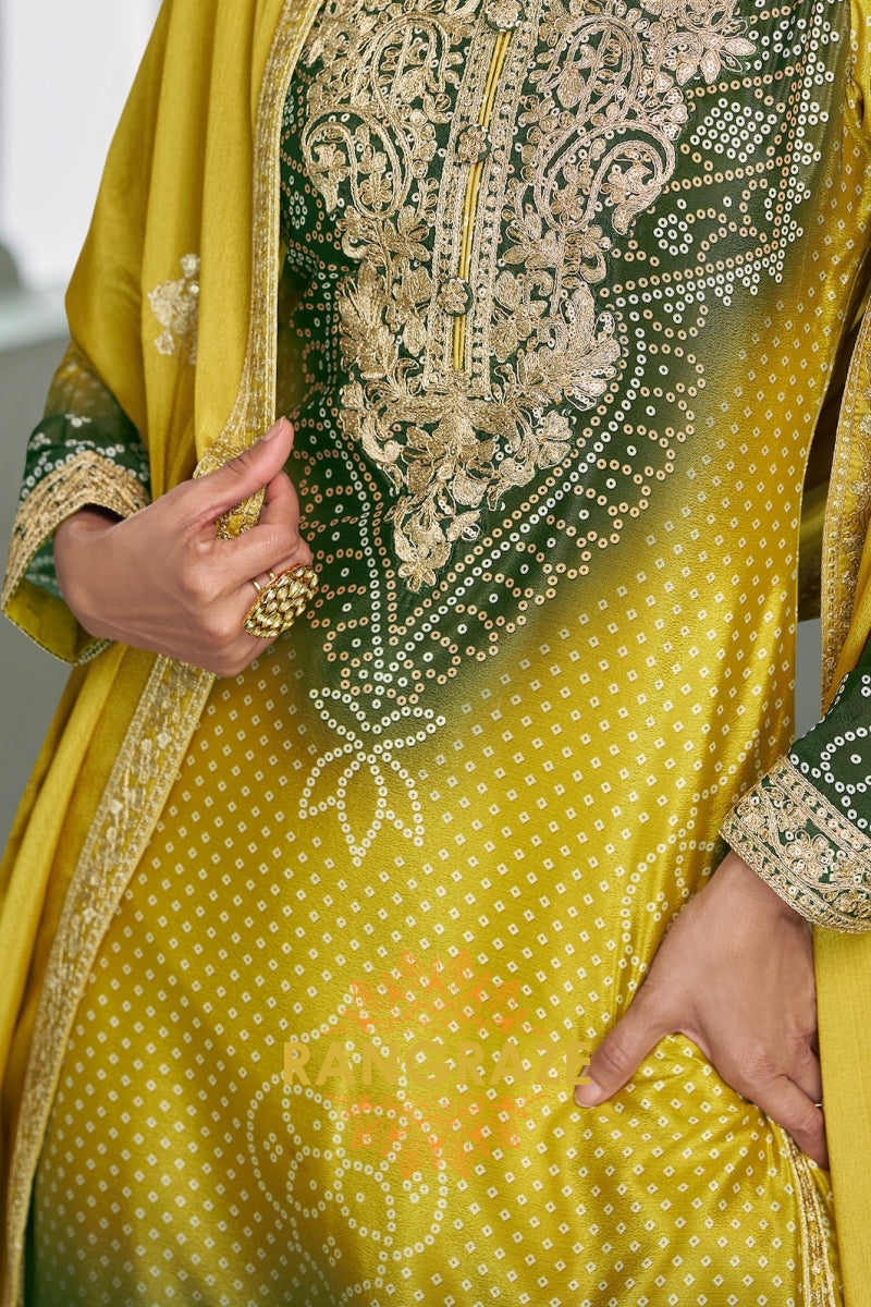 Emerald Glow Chinnon Silk Embroidered Suit Set – A Harmony of Nature and Opulence