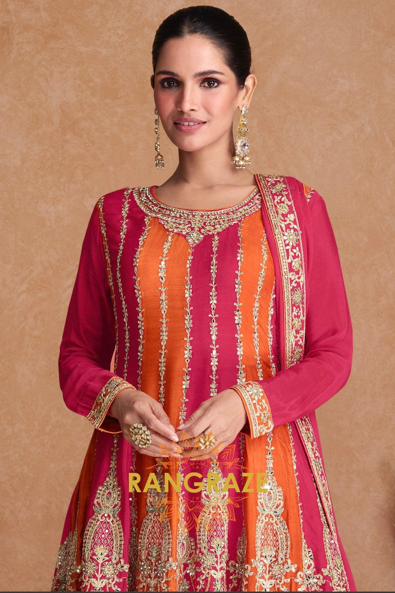 Fuchsia Flame Chinnon Silk Embroidered Sharara Suit – The Essence of Festive Glamour