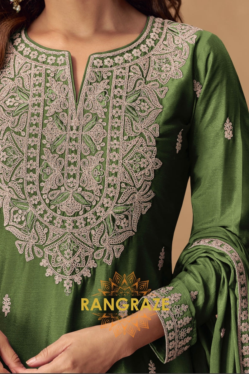 Olive Green Embroidered Sharara Suit Set – Timeless Grace with Royal Craftsmanship
