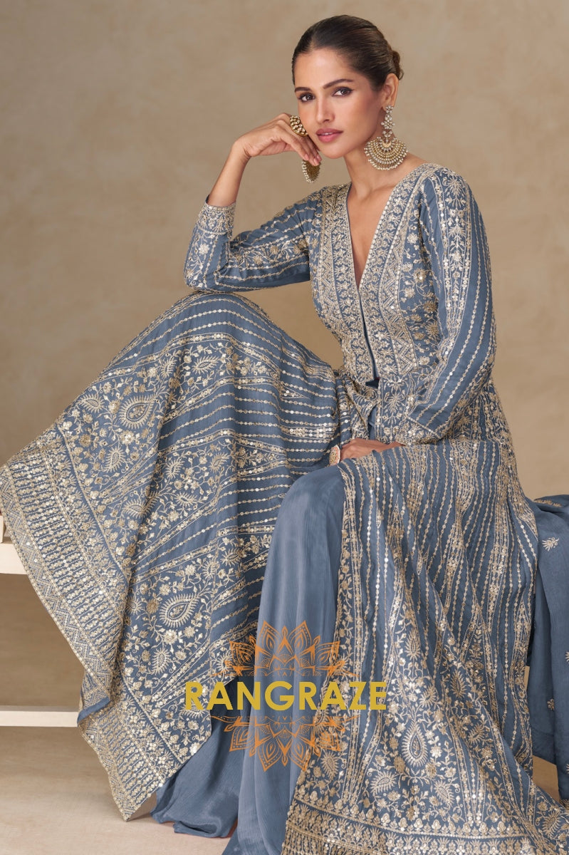 Smoky Blue Embroidered Anarkali Suit Set – A Vision of Poise and Royal Sophistication