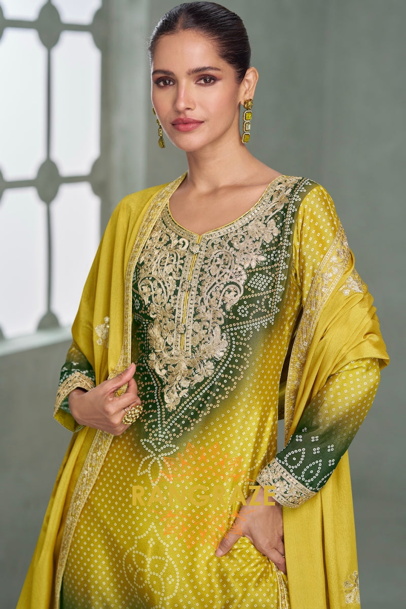 Emerald Glow Chinnon Silk Embroidered Suit Set – A Harmony of Nature and Opulence