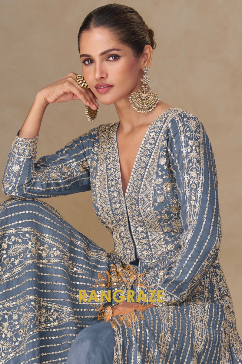 Smoky Blue Embroidered Anarkali Suit Set – A Vision of Poise and Royal Sophistication