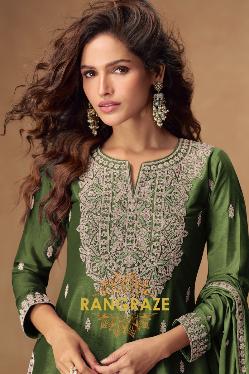 Olive Green Embroidered Sharara Suit Set – Timeless Grace with Royal Craftsmanship